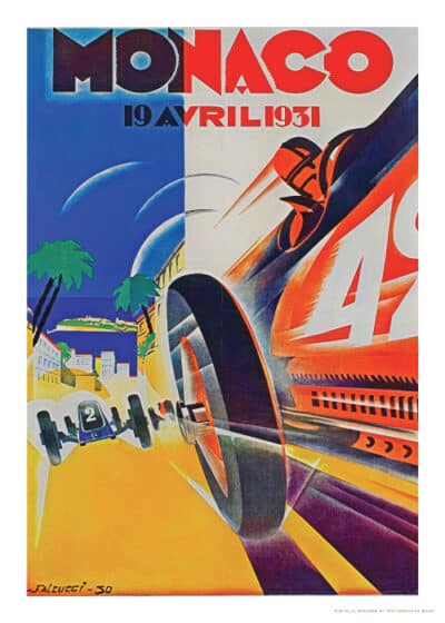 Grand Prix Monaco 1931 plakat Postershop dk med racerbiler i fuld fart langs Monacos kystlinje, illustreret af Robert Falcucci.
