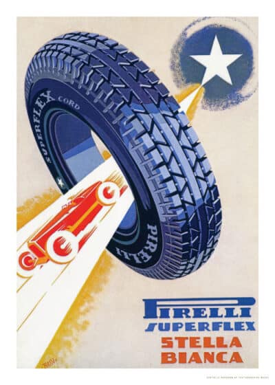 Vintage reklameplakat af Pirelli Stella Bianca fra 1931 med rød racerbil og mørkeblåt dæk. En del af vores nye eksklusive samling af vintage-inspirerede plakater.