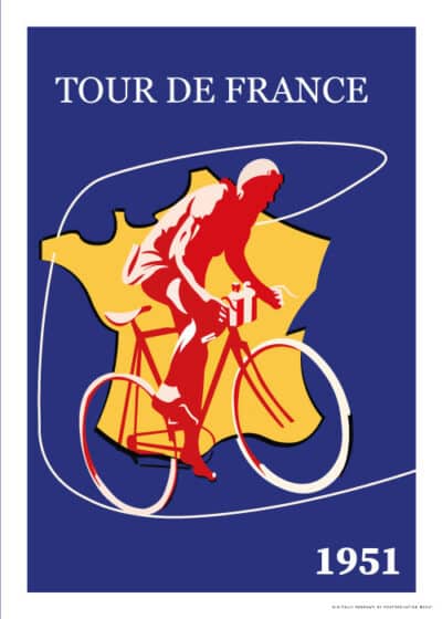 Vintage plakat af Tour de France 1951 med en stiliseret cyklist og farverig baggrund, rød, gul og blå. En del af vores nye eksklusive samling af vintage-inspirerede plakater. Tilgængelig på postershop.dk