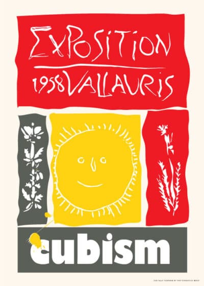 Plakat inspireret af Pablo Picassos kunstværk "Vallauris 1958 Exposition Cubism" med dristige farver og ekspressive linjer. Tilgængelig på postershop.dk