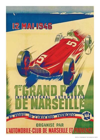Grand Prix de Marseille plakat Postershop dk med en rød racerbil i fuld fart, omgivet af Marseille-landskabet, illustreret af André Bermond.