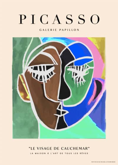 Plakat inspireret af Pablo Picassos kunstværk "Le Visage de Cauchemar" med dristige farver og ekspressive linjer. Tilgængelig på postershop.dk