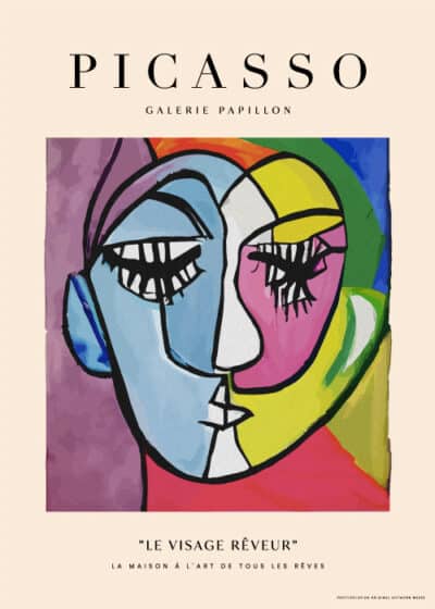 Plakat af Pablo Picassos kunstværk "Le Visage Rêveur" med dristige farver og ekspressive linjer. Tilgængelig på postershop.dk