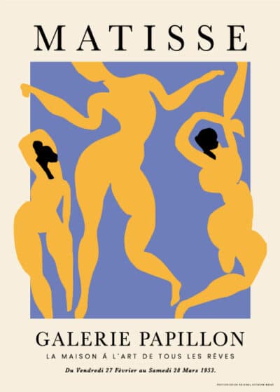 Henri Matisse inspireret kunstplakat "Dancing Women on Lilac" – gule dansende kvinder på lilla baggrund.
