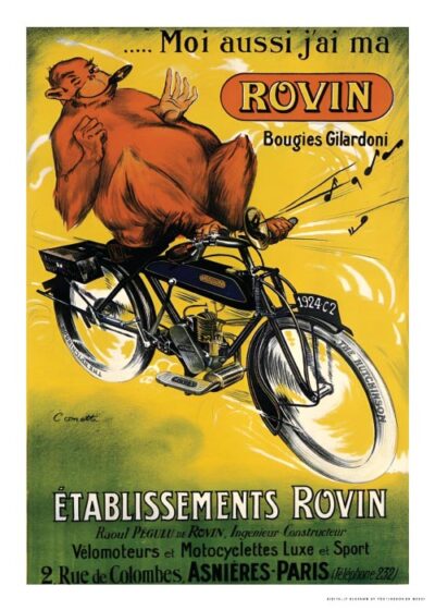 Vintage reklameplakat af Etablissements Rovin fra 1924 med en bjørn på en motorcykel, gul baggrund og grøn tekst. En del af vores nye eksklusive samling af vintage-inspirerede plakater. Tilgængelig på postershop.dk