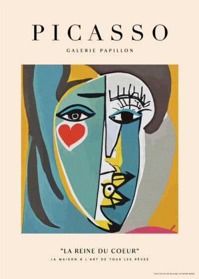 Plakat inspireret af Pablo Picassos kunstværk "La Reine du Coeur" med dristige farver og ekspressive linjer. Tilgængelig på postershop.dk