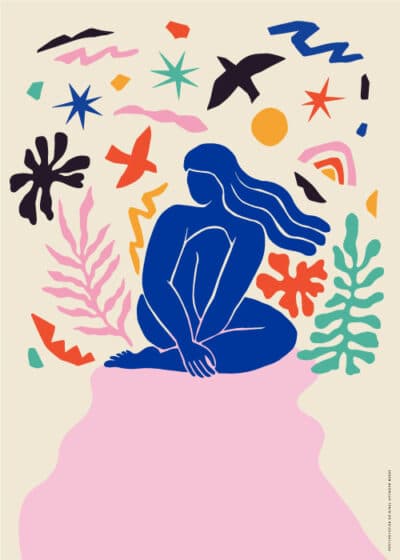Henri Matisse inspireret plakat "Sitting Blue Blair" – blå kvinde omgivet af farverige abstrakte former og planter.