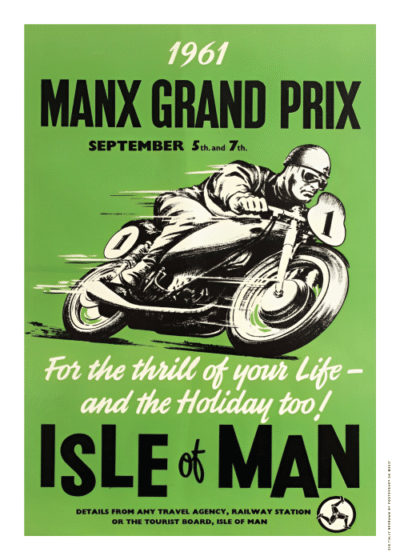 Vintage plakat af Manx Grand Prix 1961 med en motorcyklist i høj fart, grøn baggrund og sort tekst. En del af vores nye eksklusive samling af vintage-inspirerede plakater. Tilgængelig på postershop.dk