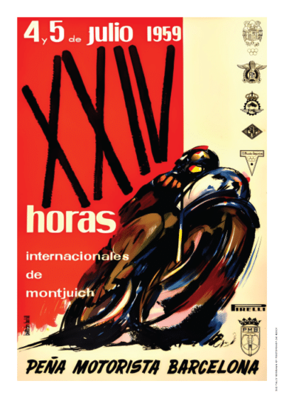 Vintage plakat fra 1959 af Montjuich Motorcycle Grand Prix med en dynamisk motorcyklist, rød baggrund, sorte og gule detaljer. En del af vores nye eksklusive samling af vintage-inspirerede plakater. Tilgængelig på postershop.dk
