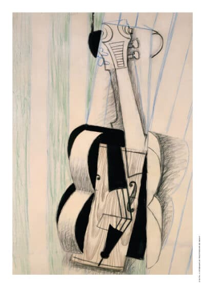 Plakat af Picasso-inspireret kunstværk "Violin Hanging on the Wall" fra 1912, med geometriske former og kubistisk stil. Tilgængelig på postershop.dk