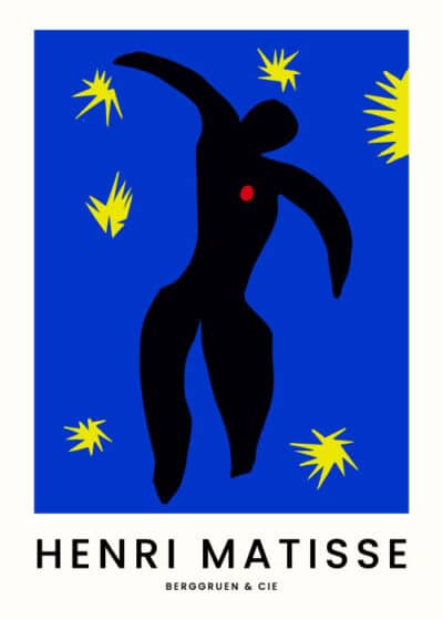 Matisse-Icarus-plakat-Postershop med en abstrakt sort menneskefigur med en rød plet på brystet, omgivet af gule stjerner på en blå baggrund.