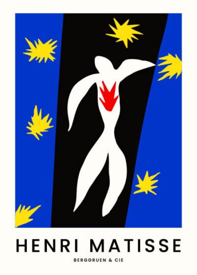 Matisse-La-Chute-DIcare-plakat-Postershop med en abstrakt hvid menneskefigur mod en sort baggrund, omgivet af blå farver og gule stjerner.