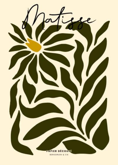 Plakat inspireret af Henri Matisse med grønne salvieblade og en gul blomst arrangeret i et organisk mønster på en cremet baggrund og teksten "Matisse."