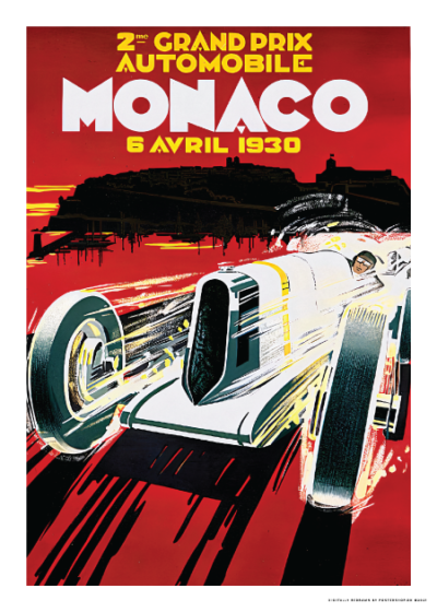 Monaco-Grand-Prix-1930-plakat-Postershop-dk med en racerbil i fuld fart, baggrund af Monaco-kystlinje og dristige farver i rød, hvid og sort.