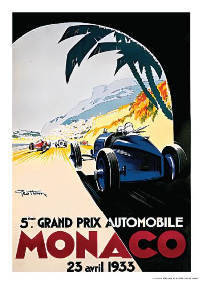Monaco Grand Prix 1933 plakat Postershop dk med en racerbil i fuld fart gennem Monacos gader, omgivet af ikoniske bygninger og palmetræer i baggrunden.