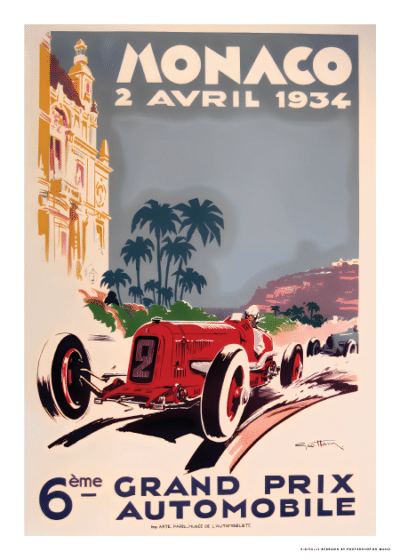 Monaco-Grand-Prix-1934-plakat-Postershop-dk med en rød racerbil i fuld fart gennem Monacos gader, omgivet af ikoniske bygninger og palmetræer i baggrunden.