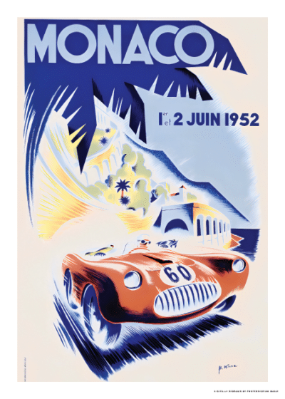 Monaco-Grand-Prix-1952-plakat-Postershop-dk med en rød racerbil i fuld fart, omgivet af Monacos bygninger og kystlinje i baggrunden.