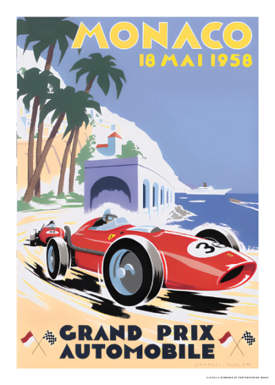 Monaco-Grand-Prix-1958-plakat-Postershop-dk med en racerbil i fuld fart, omgivet af farverigt publikum og Monaco-kystlinjen i baggrunden.