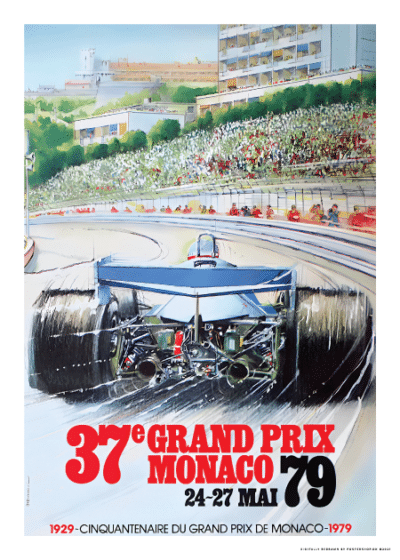 Monaco-Grand-Prix-1979-plakat-Postershop-dk med en racerbil set bagfra i fuld fart, omgivet af publikum og Monaco-bygninger i baggrunden.